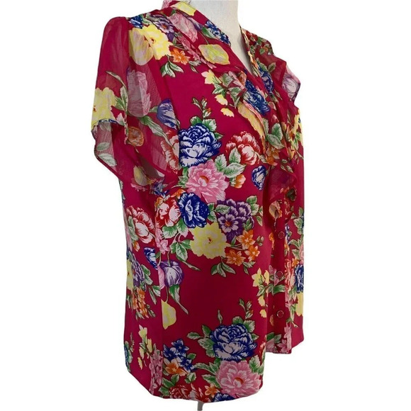 Elementz Pink Sheer Floral Top Women's Button Up Ruffles - Picture 2 of 11